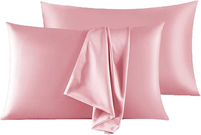 LorXun Satin Pillowcase for Hair and Skin Set of 2, Queen Size Pillow Cases 2 Pack, Silky Pillow Cases Soft Breathable Smooth Silk Pillow Cover with Envelope Closure (Pink, Standard 50x75cm )