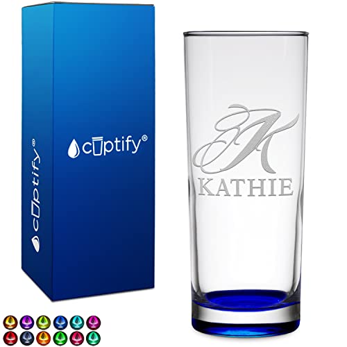 Personalized Highball Glass Script Initial and Name 10 oz Blue Bottom Tall Straight Up Customizable Text Party Favor Decoration Birthday Gift