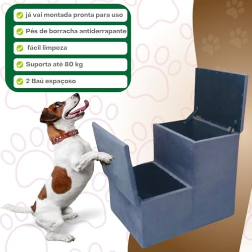 Escada pet Antiderrapante 2 baú em suede cinza escadinha rampa de cama e sofá previne lesões subida