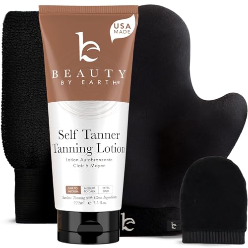 Beauty by Earth Self Tanner Tanning Mousse Kit - USA Made with Natural & Organic Ingredients, Self Tanner Mousse and Mitt, Tan Kit, Fake Tan Tanning Foam, Medium to Dark, Sunless Tanners Best Sellers
