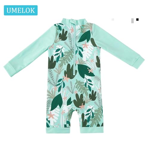 UMELOK Bañador Infantil Anti-UV 50+ para Niños y Niñas - Capucha Integrada, Mangas Largas y Secado Instantáneo 80/86 Planta Verde
