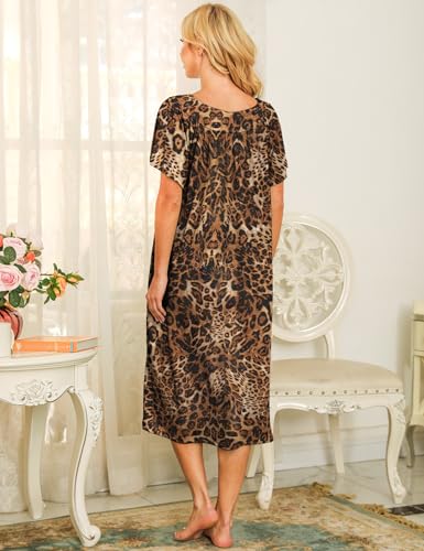 Image of Bloggerlove Mumu House Dress for Women with Pockets Short Sleeve Nightgowns | 15% Cotton, 80% Polyester, 5% Spandex, Floral Mumu House Dress, V-Neck, Short Sleeves, Midi Length, 2 Side Pockets, Lounging