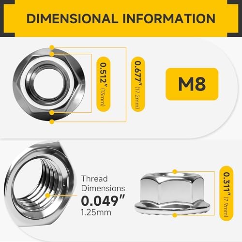 Mywish M8 Serrated Flange Hex Nuts, 50-Pack 304 Stainless Steel, Hex Drive M8-1.25 Hardware Nuts, Bright Finish
