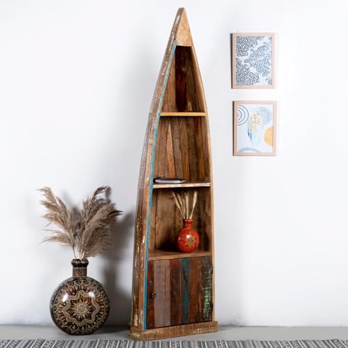 Image of Solid Wooden Book Shelf, Antique Boat Design Handcrafted Wooden Bookcase with Storage, Vintage Storage Shelf for Living Room, Office, Bedroom (Rustic-1)