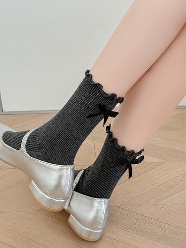 Image of Womens Bow Socks Ruffle Casual Crew Black Whitte Soft Breathable Cotton 4 Pairs Socks