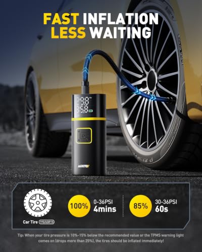 Image of AUXITO Tire Inflator Portable Air Compressor - 150PSI Bike Pump 1Min Fast Inflate with Tire Pressure Gauge, 5200 mAh, LED Light, Car Accessories Air Pump for Auto, Moto, Bike Car Gifts for Men