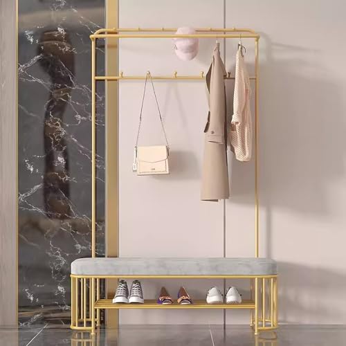 Freestanding Entryway Coat Tree with Storage Bench, Hooks & Shoe Shelf, Velvet Padded Seat for Hallway Organization & Mudroom Furniture