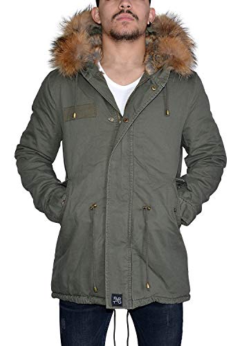 Parkas con capucha para hombres - Color verde militar - Acolchado con piel sintética - Siempre moderno