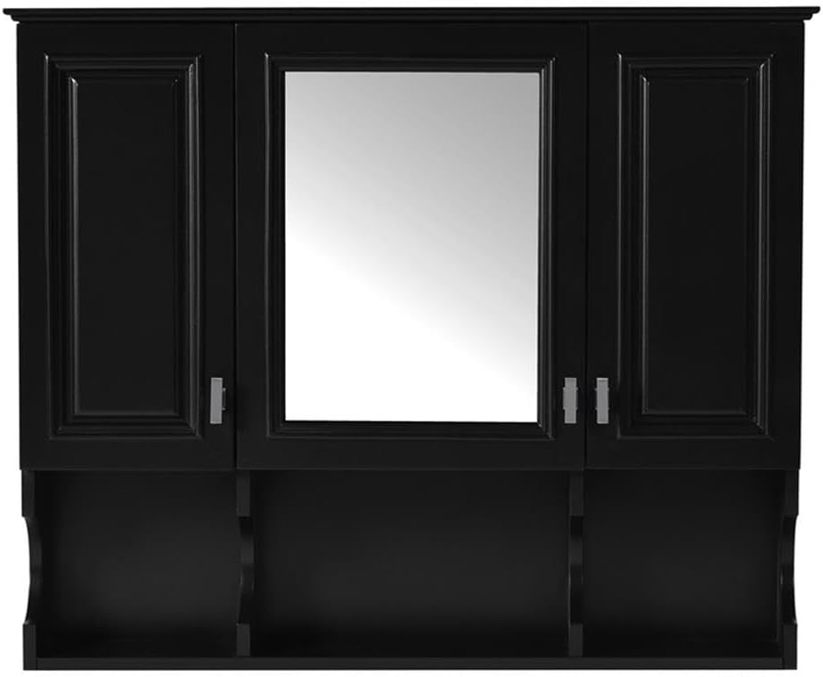 Pemberly Row Wall-Mounted Bathroom Medicine Cabinet, Black Wood, 3 Mirrored Doors, Adjustable Shelf, Open Shelves, Moisture-Resistant Finish, Modern Nordic Style, 35" W x 28.7" H, Compact Bathroom