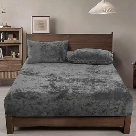 PHF Truly Velvet Fitted Sheet Only Queen Size, Luxury Super Soft Cozy Comfy Fleece Bottom with 15" Deep Pocket,Suitable for Fall Winter and Spring, No Pillowcases, Charcoal/Dark Grey Cover