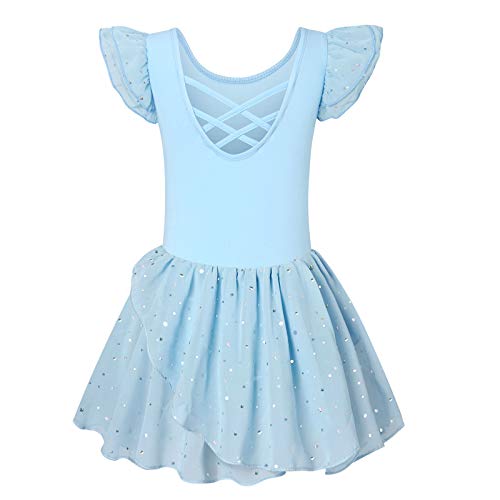 Girls Ballet Dress with Tutu Skirt Short Sleeve Dance Leotards Light Blue Practice Outfits 8T 9T