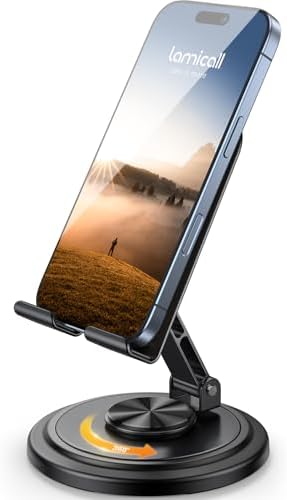 Lamicall Adjustable Phone Stand for Desk - 360 Rotating Foldable Cell Phone Holder Desktop Portable Cellphone Stand, Office Desk Accessories for iPhone 17 16 15 14 Pro Max, 4-10”Smartphones, iPad Mini