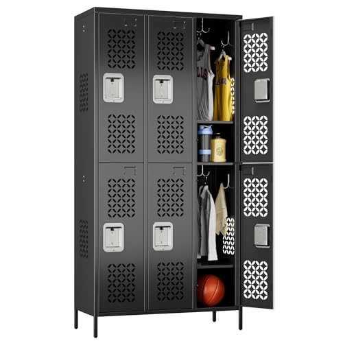 Image of Aobabo Upgrade Metal Storage Locker for Employees, 6 Doors Steel Storage Locker with Air Hole for Office Gym School, Industrial Storage with Hooks, Black, Assembly Required