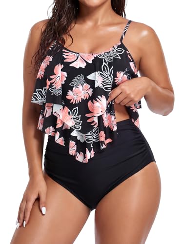 Image of Bathing Suits for Women High Waisted Swimsuits Tummy Control Two Piece Tankini Ruffled Top with Swim Bottom Bathing Suits