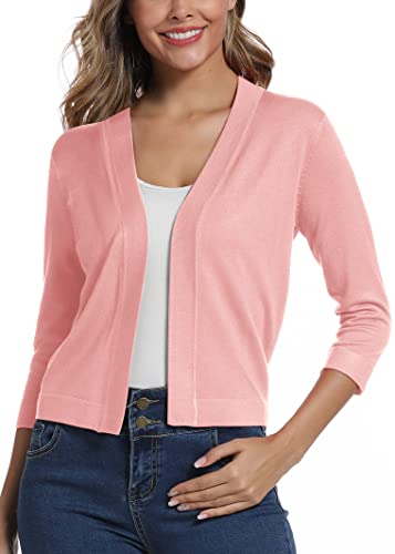 Exchic Women's Cropped Shrug Cardigan 3/4 Sleeve Open Front Cardigan Sweater (Pink, S) #TOP13