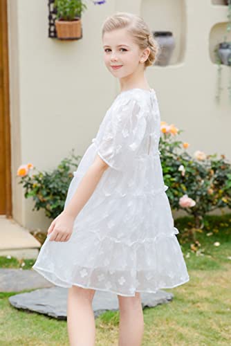 Smiling Pinker Girls Princess Party Dress Tiered Flower Puff Sleeve Ruffle Babydoll A-Line Organza Dress Bow(White,4-5 Years) #TOP3