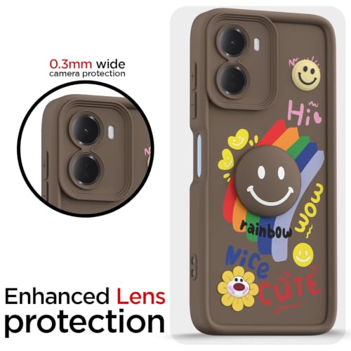 Image of Pikkme Back Cover for Redmi 15A 5G | Soft Silicone| Cute Rainbow Smile & 3D Cartoon Flower Design | Shockproof Raised Camera Protection Bumper Case (Brown)