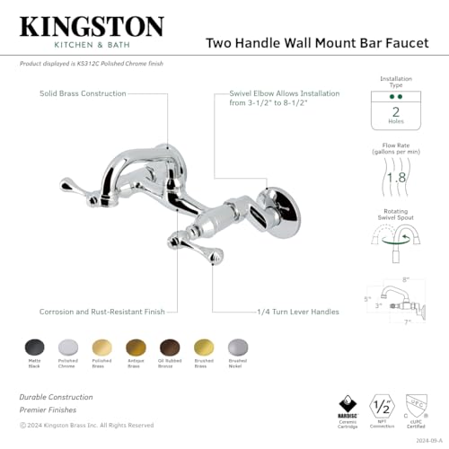 Robinet mural Kingston Brass KS312SN nickel brossé double commande - 7