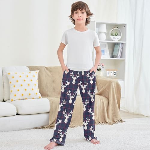 Boy's Lounge Pants Classic Blue Red Checkers Deer Kids Jogger Pants Elastic Waist Long Bottoms with Pockets 6-14 Y 5