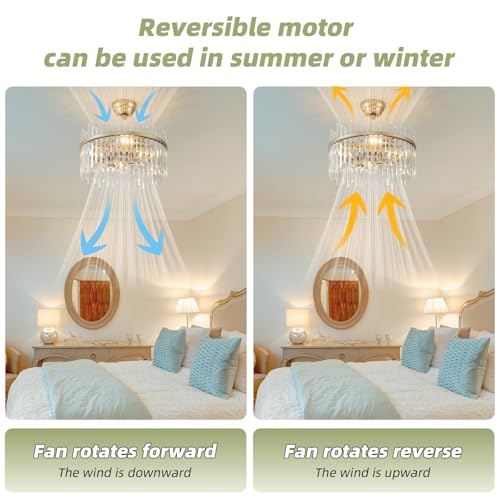 Image of 20 inch Gold Crystal Fandelier Ceiling Fan with Light, Gold Crystal Chandelier Ceiling Fan with Light Remote Control, 6 Speeds for Bedroom, Nursery, Living Room