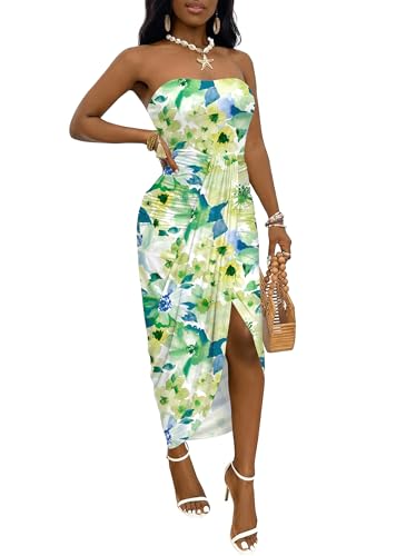 Image of Umenlele Women's Strapless Ruched High Waist Wrap Split Asymmetrical Beach Maxi Long Dress