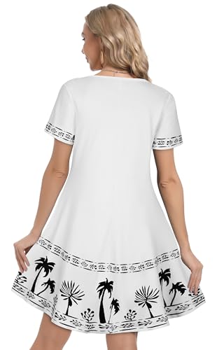 Image of Summer Dresses for Women Casual Tshirt Short Sleeve Floral Sundress Beach Cover Ups with Pockets(White Tree, 3XL1)