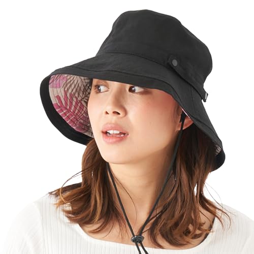 [カリフォルニアショア] マリンハット 無地×リーフ柄 つば広 あご紐付き サイズ調節可能 424840 レディース ブラック