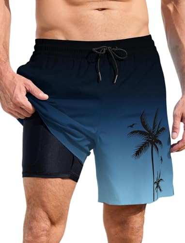 MARZXIN Badehose Herren 2 in 1 Badeshorts Schnelltrocknend Atmungsaktiv Schwimmhose Strandshorts Trainingsshorts mit Kompressionsliner Schwarz Blau XL