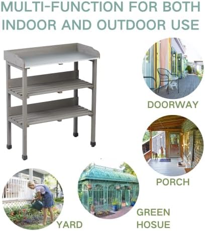 30″x14.5″×35.5″ Potting Table w/Metal Tabletop, 3 Layers Outdoor Work Bench w/Hook for Garden, Solid Wood Workstation for Garage