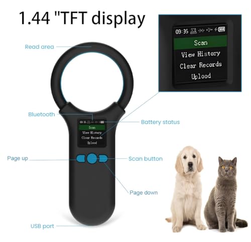 Image of Pet Microchip Scanner, Animal Universal Microchip Tag Reader Scanner with 1.44 inch TFT Screen, 500 Pieces Data Storage, 800mAh Rechargeable Battery, 3-in-1 Connections