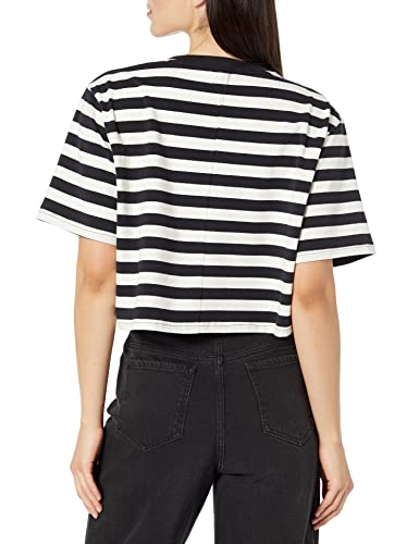 The Drop Women's Sydney Short-Sleeve Cropped Crew Neck T-Shirt, Black/Whisper White Pin Stripe, M #TOP1