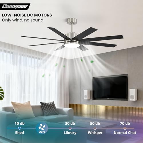 Image of 60 Inch Ceiling Fans with Lights and Remote, Dual Color 6 Blades, Bedroom Living Room Office Library Cafe Outdoor Industrial, 3CCT Dimmable, 6 Speed Reversible Quiet DC Motor, Sand-nickel /Wood Grain