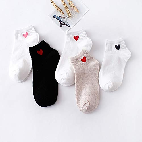 CYMTZ 5 Paare/Packung Damen Baumwollsocken Kurze Söckchen Herz Niedlich Weibliche Socken Weiß Schwarz Socken Cover