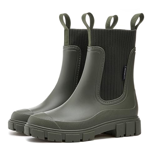SIYAKE Women'S Waterproof Lug Sole Chelsea Rain Boots Fashion Platform Chunky Heel Rubber Garden Booties Casual Comfortable Non-Slip Outdoor Work Rain
