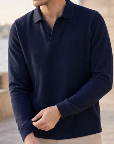 Image of Nobero Popcorn Textured Full Sleeve Polo T-Shirt for Men | Regular Fit