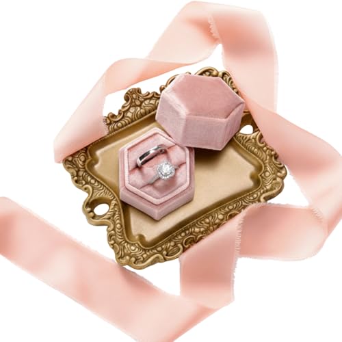 Acellegic 3 Pcs Vintage Jewelry Tray with Ring Box Silk Ribbon Flat Lay Props Wedding Trinket Dish for Wedding Photographer Ceremony Antique Decor(Blush Peach)