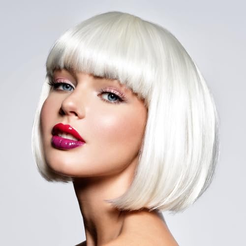 YOUNIGA White Bob Wig With Bangs 12 Inch Short Bob wig for Women Short Bob Wigs Synthetic Fiber Bob Wigs and Halloween Cosplay Wig for Daily Life Colorful Wigs With One Cap (White)