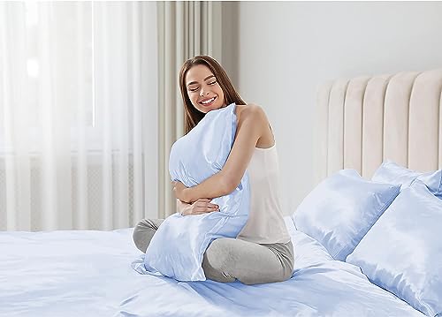 Image of Soft and Silk Satin Bedsheet for Single Bed - 400 TC Romantic Bedsheet Set for Bedroom | Bridal Wedding Bedsheet with Pillow Cover | Ideal for Gifting Sky Blue, Single Bed