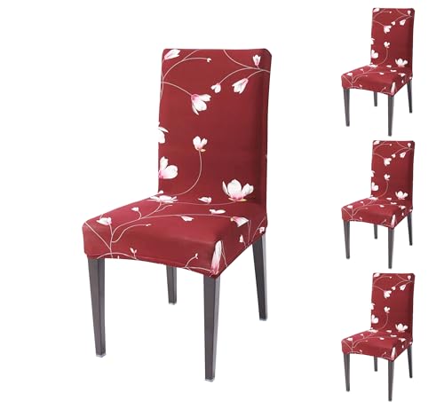 Image of Stretchable Dining Chair Cover - Washable, Removable, Anti-Slip, Protector, Universal Fit (Set of 4, Maroon Floral Vine)