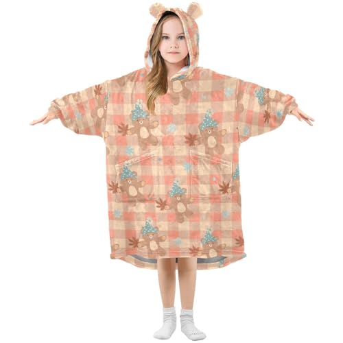 OWFKAY Oversized Blanket Hoodie Kids, Wearable Extra Long Blanket for Girls Boys, Super Soft Warm Sweatshirt With Pocket for Children Teens,Orange Checkered with Teddy Bear
