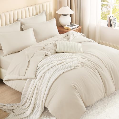 Image of Litanika Oversized King Comforter Sets Beige - 7 Pieces Bed in a Bag Oversized King Bedding Comforter Sets, Solid Lightweight Bed Set with Comforter, Sheets, Pillowcases & Shams