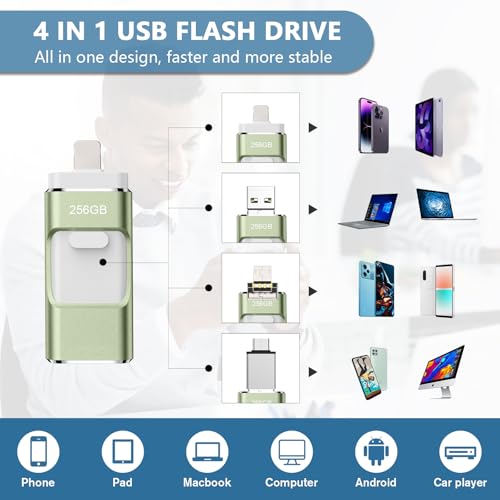 Image of 256GB Flash Drive[No App Required] Intended for Phone Tablet Androidphone and Computers, 4 in 1 Photo Stick for Phone Memory Storage Easily Backup Photos Videos（Green）