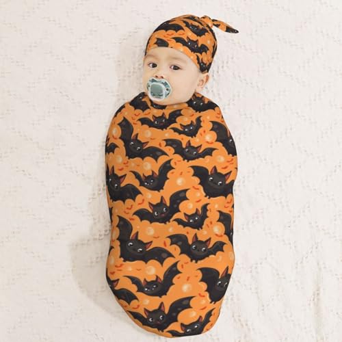 Image of Halloween Big Eyes Bat with Moon Newborn Swaddle Blankets Hat Sets Soft Baby Receiving Blanket Swaddle Sack for Baby Shower Infant Boy Girl Gift