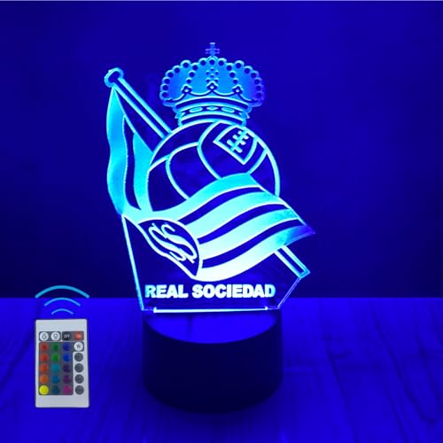 Riscko Lampara 3D Futbol Juguete de luz nocturna 3D, adecuado para la decoración del hogar de la habitación de los niños 16 cambios de color con control táctil y con mando (Real Sociedad)