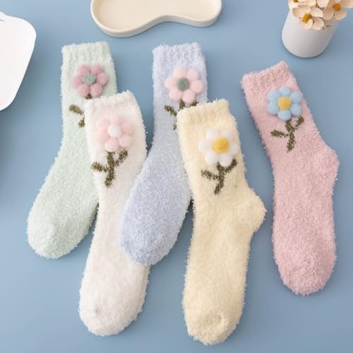 Image of 5 Pairs Fuzzy Socks for Women, Winter Thickening Coral Velvet Cozy Slipper Socks, Warm Home Sleeping Socks, Mid-calf Floor Socks, Cute Funny Socks for Female