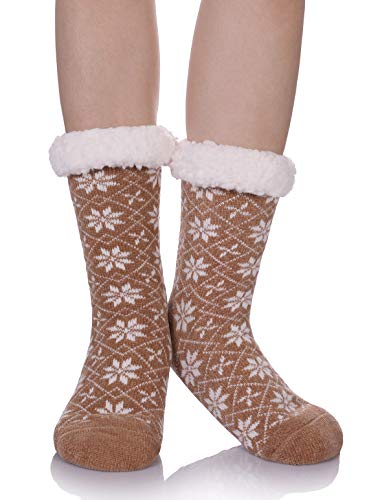 MIUBEAR Womens Thermal Slipper Socks Sherpa Lined Nonskid Fuzzy Cozy Winter Socks (Brown Snowflake B)