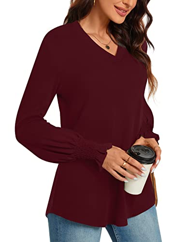 Anyhold 2023 Fall Winter Women's Casual Puff Long Sleeve Tunic Tops V-Neck Blouse Shirt With Smocked Cuffs X-Large, Long Sleeve Wine Red #TOP1