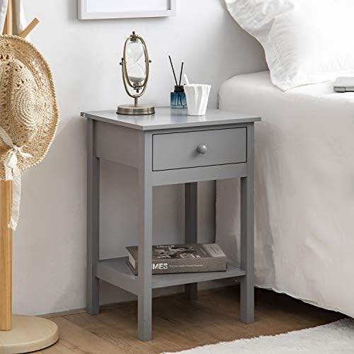 woodluv Bedside Drawer with Shelf Cabinet Side Table Storage Unit - Grey