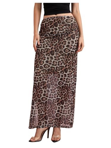 WDIRARA Women's Leopard Print Mesh Skirt Ruched Split Thigh Low Waist Maxi Skirts