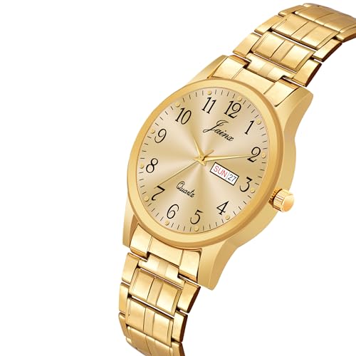 Image of jainx Metal Premium Golden Chain Day and Date Feature Analog Wrist Watch for Men (Black /Golden Color Dial)